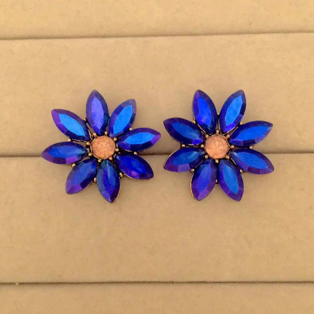 Violet Blue Aurora Borealis + Pink Opal Crystal Flower Statement Earrings